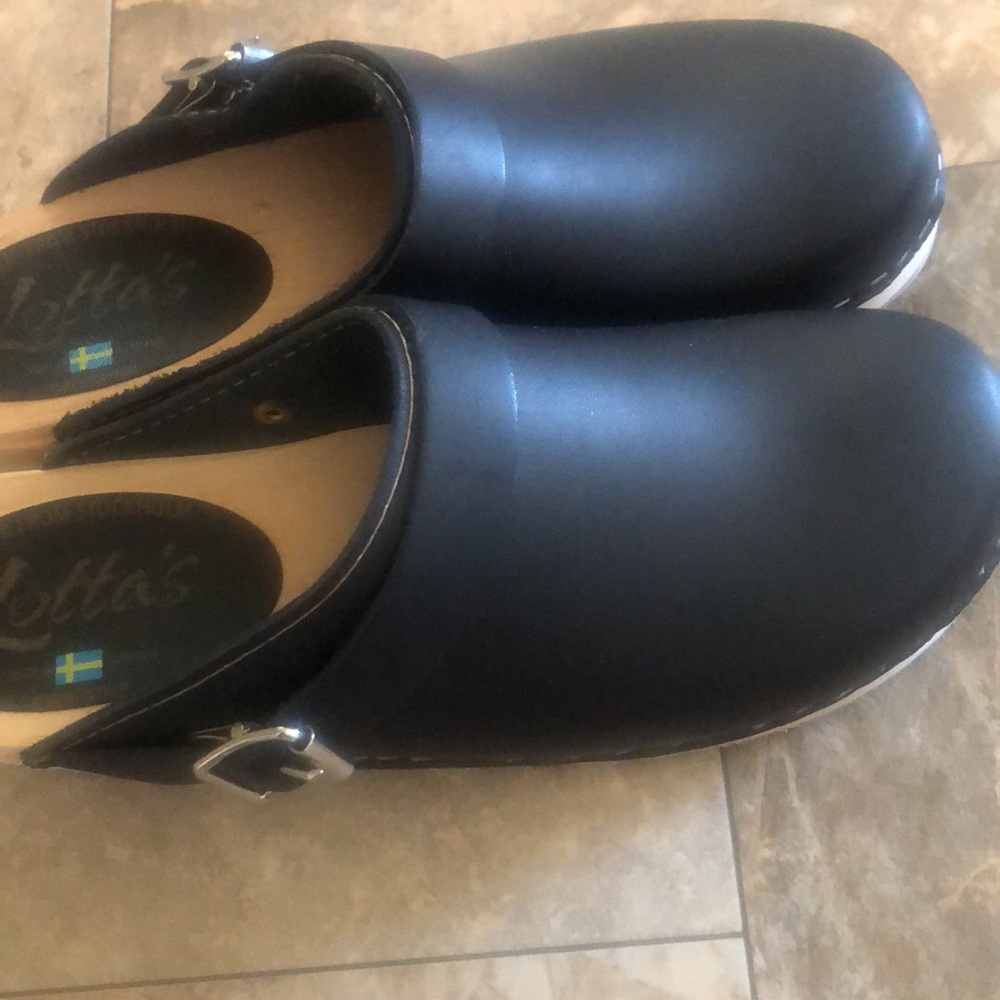 Lotta From Stockholm Black Leather Clogs with Silver Buckles